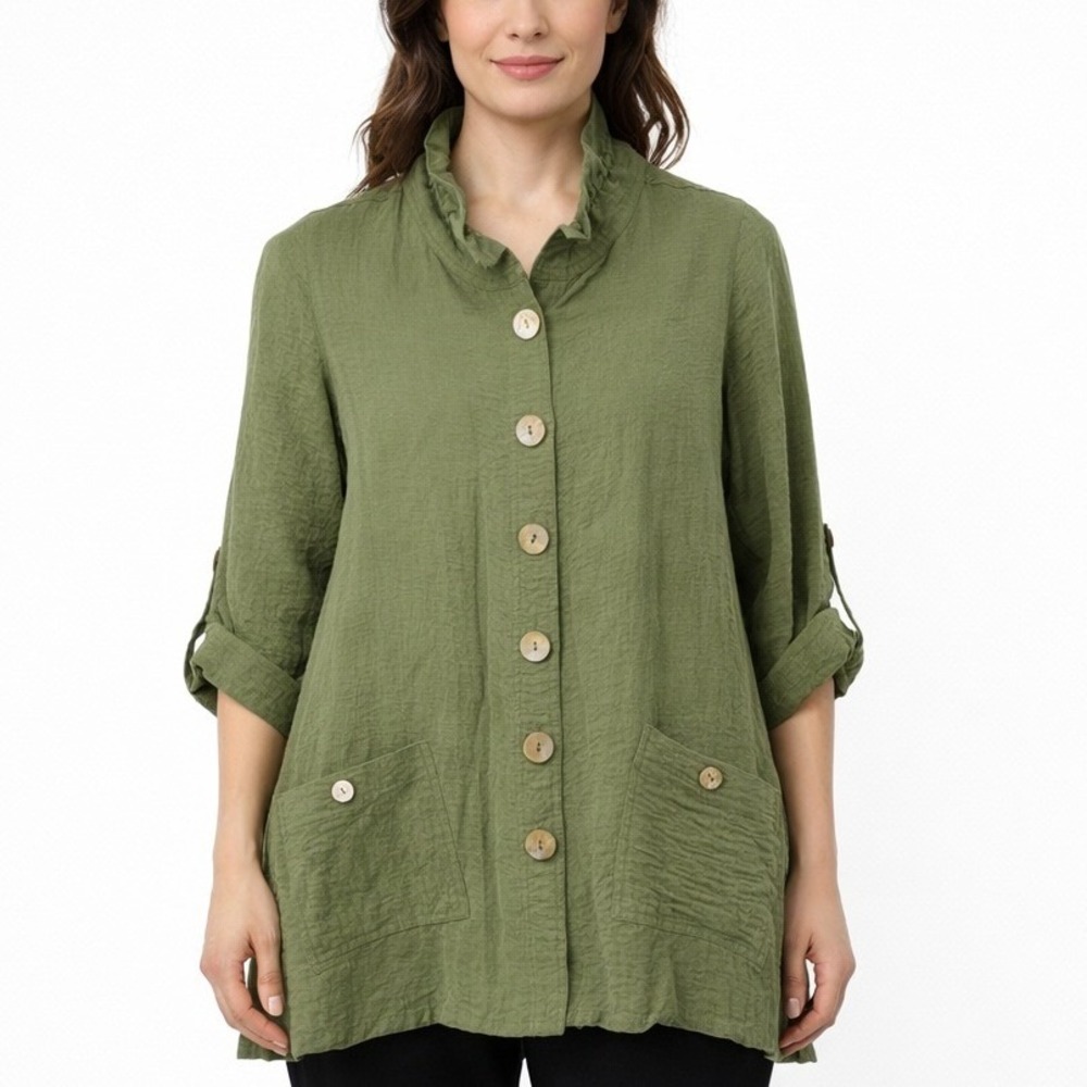 JOHN MARK Olive Green Textured Button Front Shirt Tunic Top Size Small Roll Tab